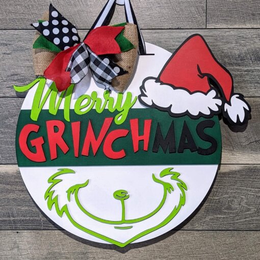 Celebrate Christmas with a Twist: Large 16-Inch Merry Grinchmas Laser-Cut Wood Sign for Unique Holiday Home Decor