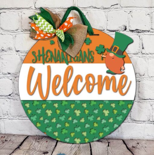 Shenanigans Welcome with Leprechaun Gnome Door Hanger