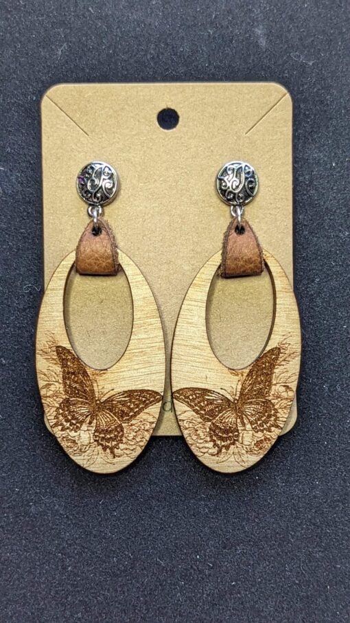 Butterfly Charm Maple wood Earrings with leather strap