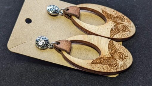 Butterfly Charm Maple wood Earrings with leather strap - Image 3