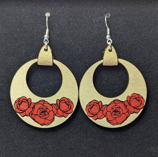 Circle Peony Dangle Earrings with Leather Strap