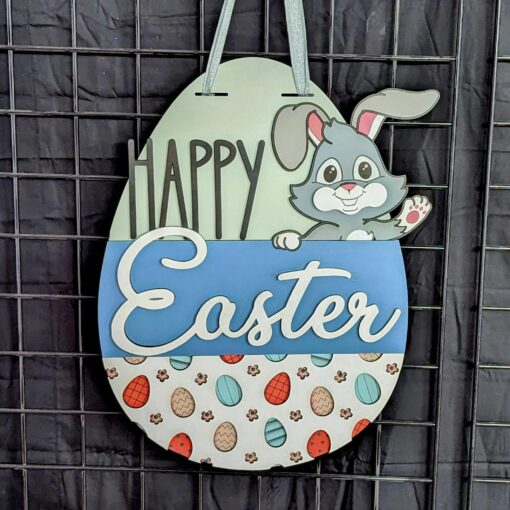 Happy Easter Waving Bunny Door Hanger (EGG SHAPE)