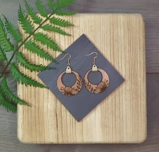 Sunflower wooden engraved Circle Earrings - Image 5