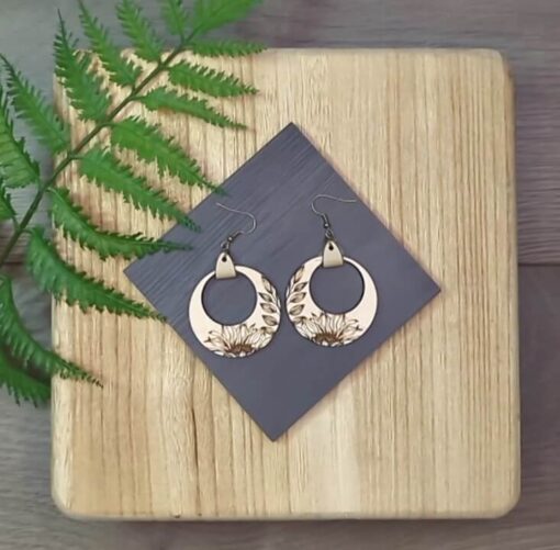 Sunflower wooden engraved Circle Earrings - Image 3