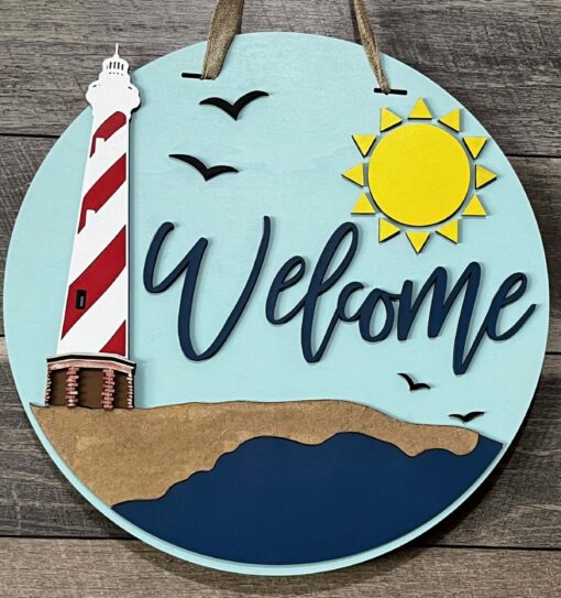 Welcome Home with Coastal Charm: 16-Inch Lighthouse Beach Sign | Laser-Cut Wood Décor