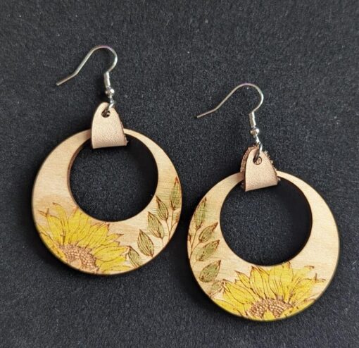 Sunflower wooden engraved Circle Earrings