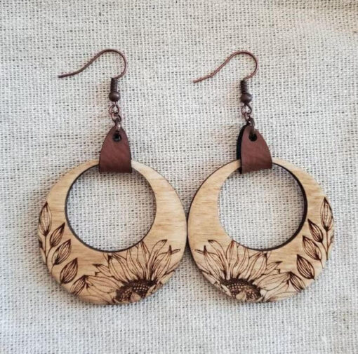 Sunflower wooden engraved Circle Earrings - Image 2