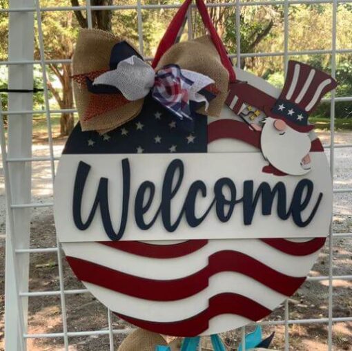 Flag Gnome Firecracker Welcome Door Hanger