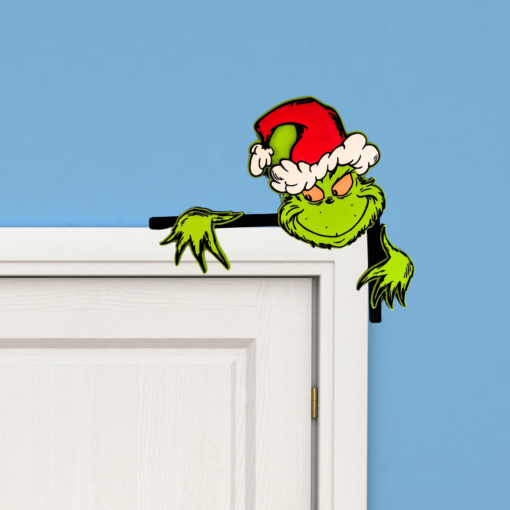 Introducing the Festive Christmas Door Corner: A Unique Green Guy Peeking Design to Elevate Your Holiday Décor!