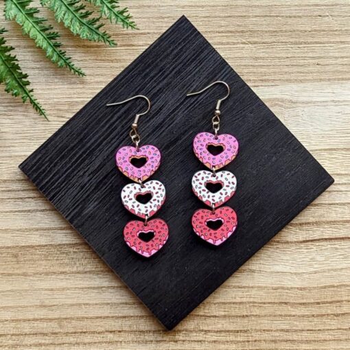 Sprinkle Joy with Triple Sprinkle Donut Heart Dangle Earrings: Handcrafted Wooden Delights for Sweet Style - Image 2