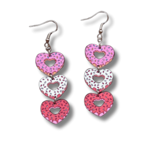 Sprinkle Joy with Triple Sprinkle Donut Heart Dangle Earrings: Handcrafted Wooden Delights for Sweet Style