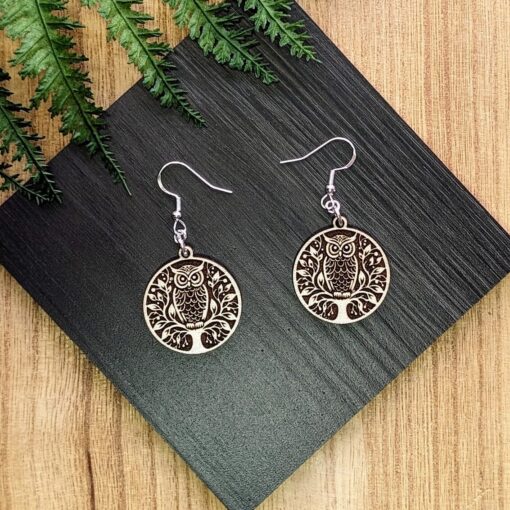 Detailed and Engraved Tiny Mystic Owl Tree Earrings - Image 2