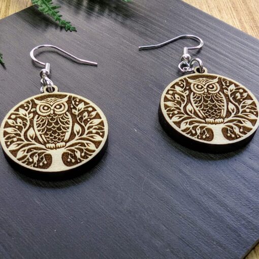 Detailed and Engraved Tiny Mystic Owl Tree Earrings