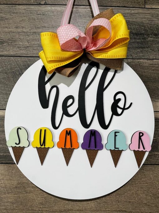 Hello Summer Ice Cream: Vibrant 16-Inch Door Sign with 6 Hand-Painted Ice Cream Cones, Perfect for Welcoming the Sunny Season! | Laser Cut Wood Sign for a Charming Summer Décor