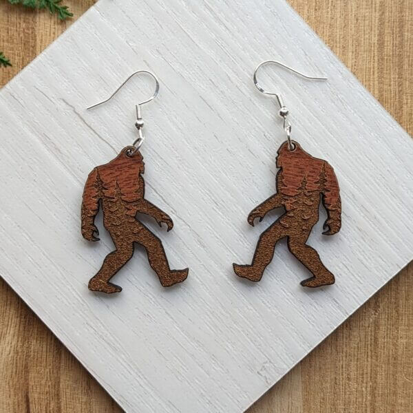 Enchanting Bigfoot Silhouette Earrings with Engraved Mountain Scene - Unique Wooden Jewelry for Nature Lovers