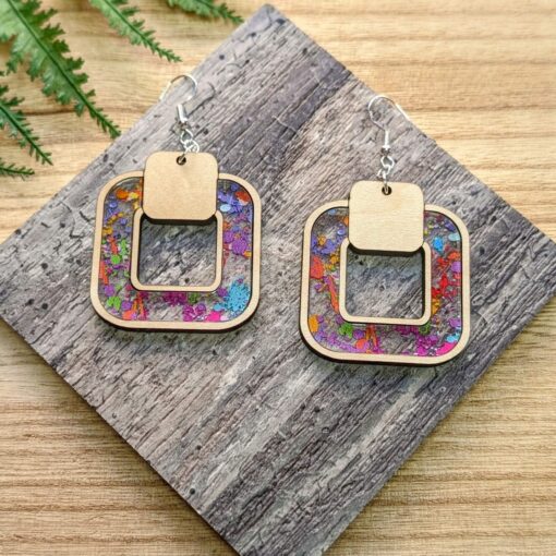 Stylish Wood and Acrylic Squared Inlay Dangle Earrings