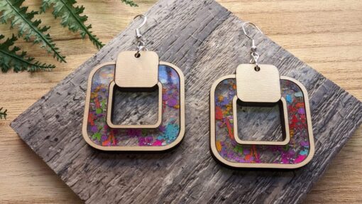 Stylish Wood and Acrylic Squared Inlay Dangle Earrings - Image 6