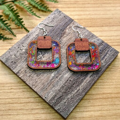 Stylish Wood and Acrylic Squared Inlay Dangle Earrings - Image 4