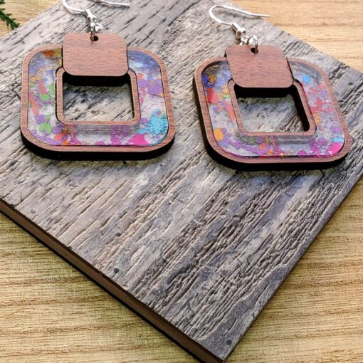 Stylish Wood and Acrylic Squared Inlay Dangle Earrings - Image 3