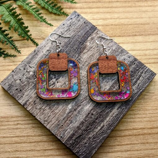 Stylish Wood and Acrylic Squared Inlay Dangle Earrings - Image 2