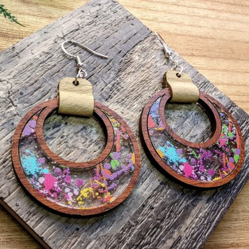 Exquisite Wooden Hoop Earrings with Crescent Inlay and Leather Strap