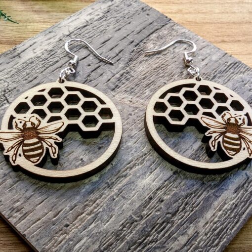 Buzzworthy Beauty: Handcrafted Maple Wood Honey Bee Hive Earrings - Unique Round Style | Wooden Earrings - Image 2