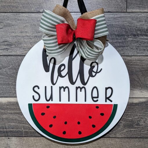 Hello Summer Watermelon Front Door Sign: Vibrant 3D Layered Wood Laser Cut with Refreshing Watermelon Design