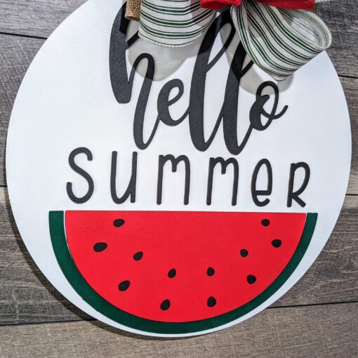 Hello Summer Watermelon Front Door Sign: Vibrant 3D Layered Wood Laser Cut with Refreshing Watermelon Design - Image 2