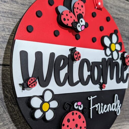 Quirky and Charming: 10-Inch Funny Cartoon Ladybug Front Door Hanger with 3D Design | Welcome Friends Sign in Red, Black, and White | Perfect for Lasercut Wood Sign Enthusiasts - Image 2