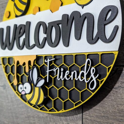 Buzzing with Warmth: Welcome Friends Cartoon Bee Door Hanger | Laser Cut Wood Sign - Image 3