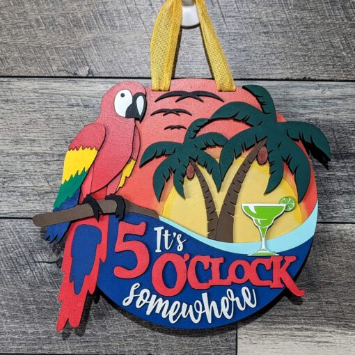 Vibrant Tropical Paradise: Lasercut Wood Sign with Parrot, Palm Trees, and Margarita Glass - Perfect Home Decor for Margarita Lovers