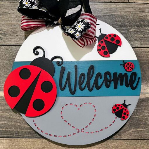 Welcome Ladybug Sign: Charming 16-Inch Home Decor with Heart-Shaped Trail, Perfect for Nature Lovers - Lasercut Wood Signs