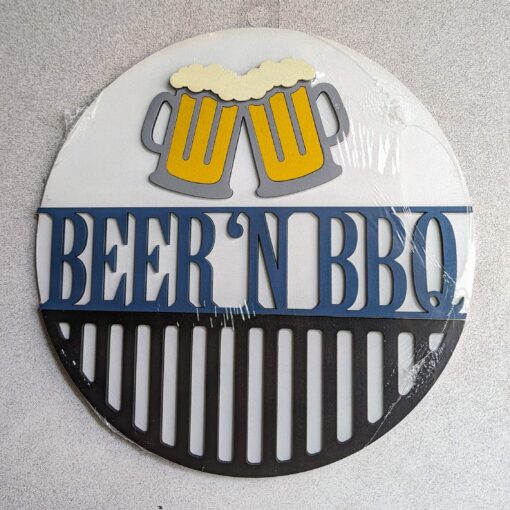 Beer 'N BBQ: A Frosty Delight for Your Entryway - 9 Inch Home Decor Sign with Beer Steins, BBQ Grill, and Banner