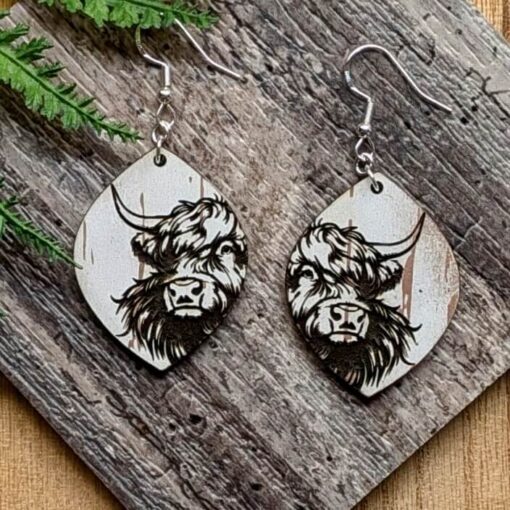 Rustic Elegance: Handcrafted Highland Cow Teardrop Wooden Earrings