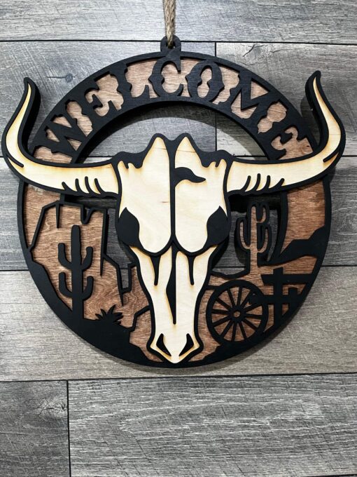 Longhorn v1 Welcome Sign: Triple-Layered Western Art with Cactus, Wagon Wheel & Cow Skull - Image 2