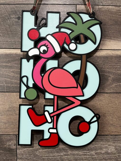 Festive Christmas Flamingo HO HO HO - Unique Lasercut Wood Sign for Holiday Decor