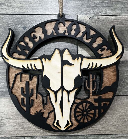 Longhorn v1 Welcome Sign: Triple-Layered Western Art with Cactus, Wagon Wheel & Cow Skull