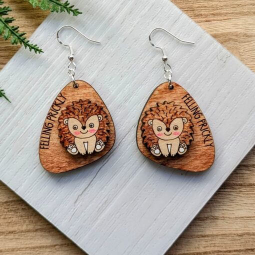 Adorable Hedgehog Drop Earrings: Playful 'Feeling Prickly' Wooden Jewelry for Unique Style