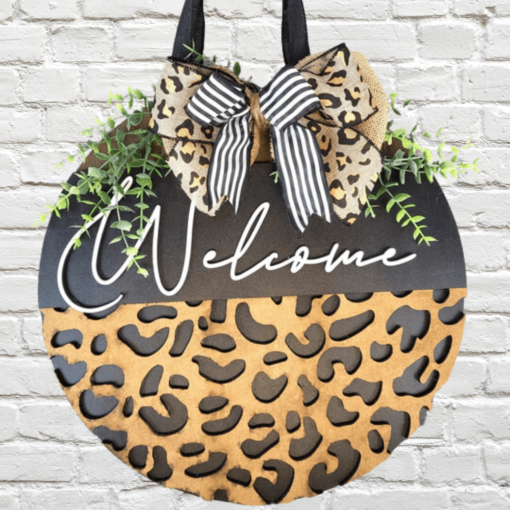 Chic Leopard Print Welcome Door Sign – Laser-Cut Wood Elegance