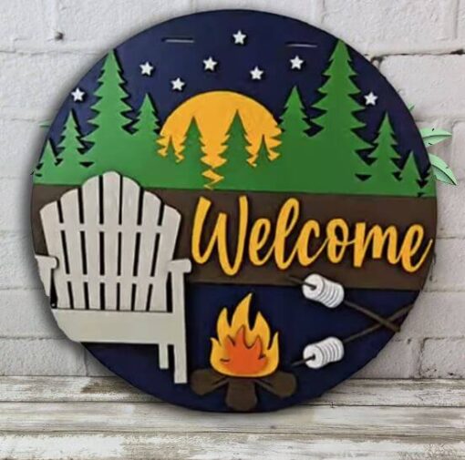 Enchanting Starry Nights & Campfires Lasercut Wood Door Hanger – Perfect for Cozy Outdoor Evenings