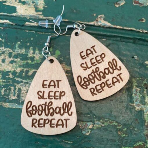 Laser Cut Wooden 'Eat Sleep Football Repeat' Earrings – Perfect for Die-Hard Fans