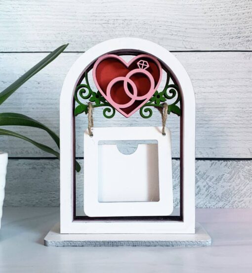 Elegant Wedding Ring Hanging Frame: 5-Layer Laser-Cut Wood with Jute Cord for Photos or Engraved Signs