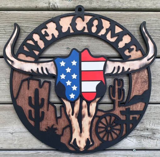 Longhorn v2 Welcome Sign: Triple-Layered Western Art with Flag