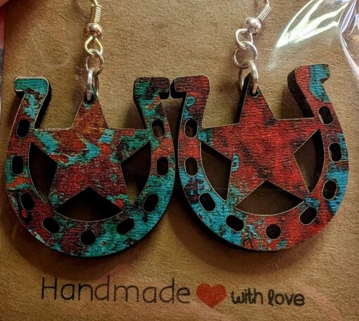 Enchanting Wooden Star & Horseshoe Earrings: Unique Charm for Equestrian Enthusiasts