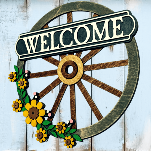 Elevate Your Decor with a Custom Laser cut Wagon Wheel Welcome Hanger - Image 2