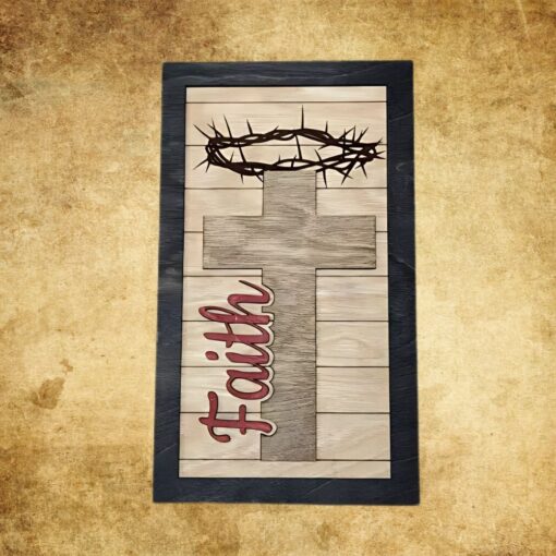 Elegant Christian Faith Cross Sign with Thorn Halo - Rustic Shiplap Design for Home Décor