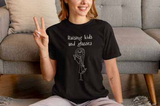 Raising kids and glasses, moms and wine, wine lover shirt, comfy mom, comfort color tee, wine tshirt, mom life, parenting humor, busy moms - Image 2