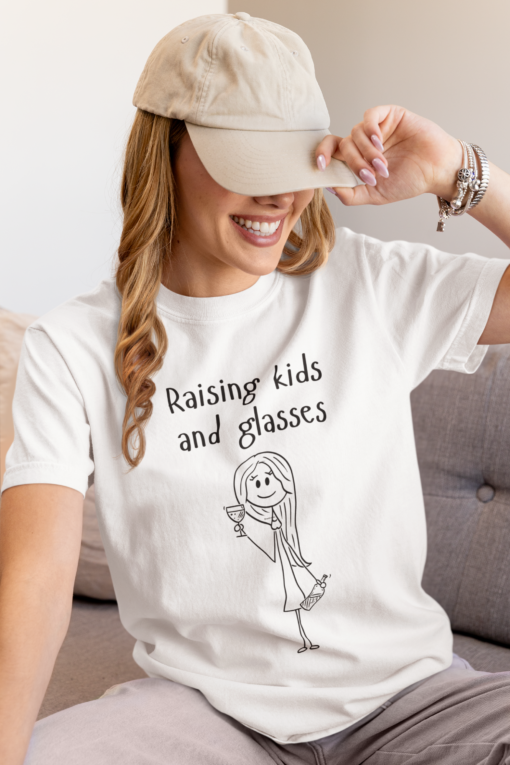 Raising kids and glasses, moms and wine, wine lover shirt, comfy mom, comfort color tee, wine tshirt, mom life, parenting humor, busy moms - Image 3