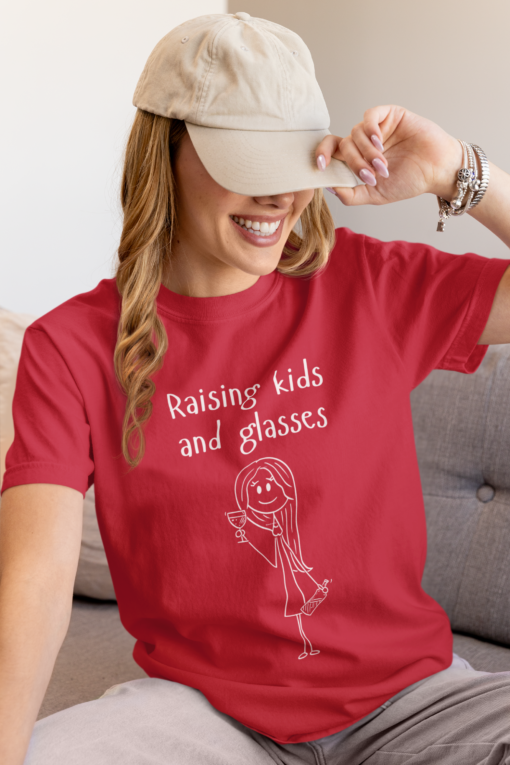 Raising kids and glasses, moms and wine, wine lover shirt, comfy mom, comfort color tee, wine tshirt, mom life, parenting humor, busy moms