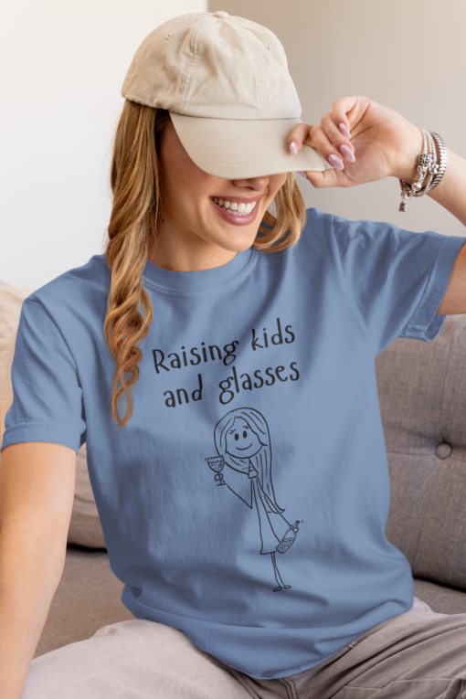 Raising kids and glasses, moms and wine, wine lover shirt, comfy mom, comfort color tee, wine tshirt, mom life, parenting humor, busy moms - Image 4